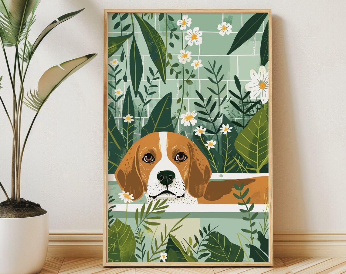 Beagle Gazing from a Daisy Filled Tropical Bathtub Art Poster