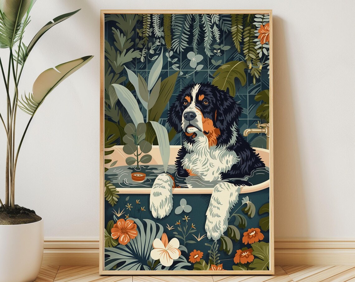 Bernese Mountain Dog Bathtub Teal Floral Bathroom Dog Poster