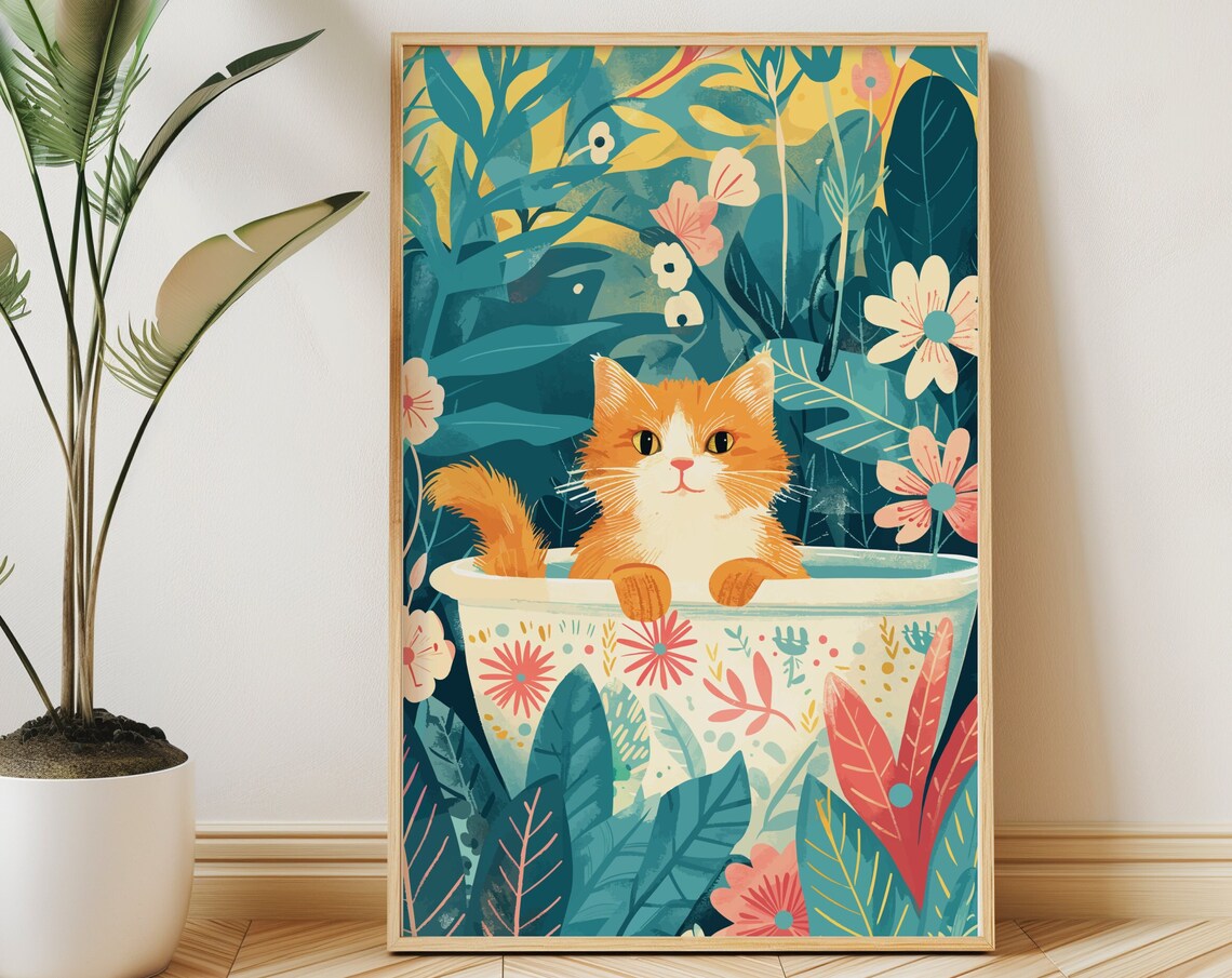 Ginger Cat Boho Jungle Bathtub Art Print - Image 3