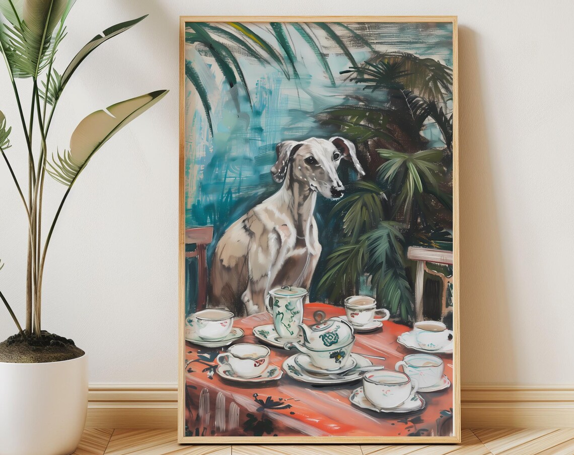Greyhound Tea Party Painting with Teapot and Teacups Art Poster