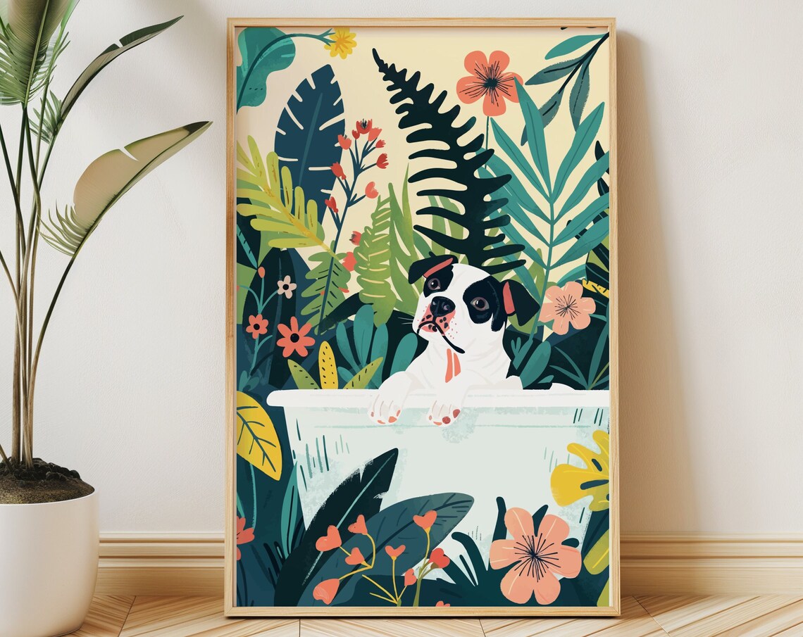 White Staffy Puppy in Bathtub Bold Tropical Leaf Floral Poster