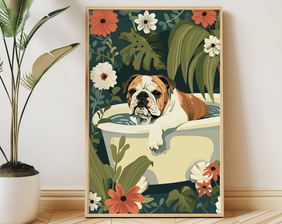 English Bulldog Boho Jungle Poster, Botanical Decor