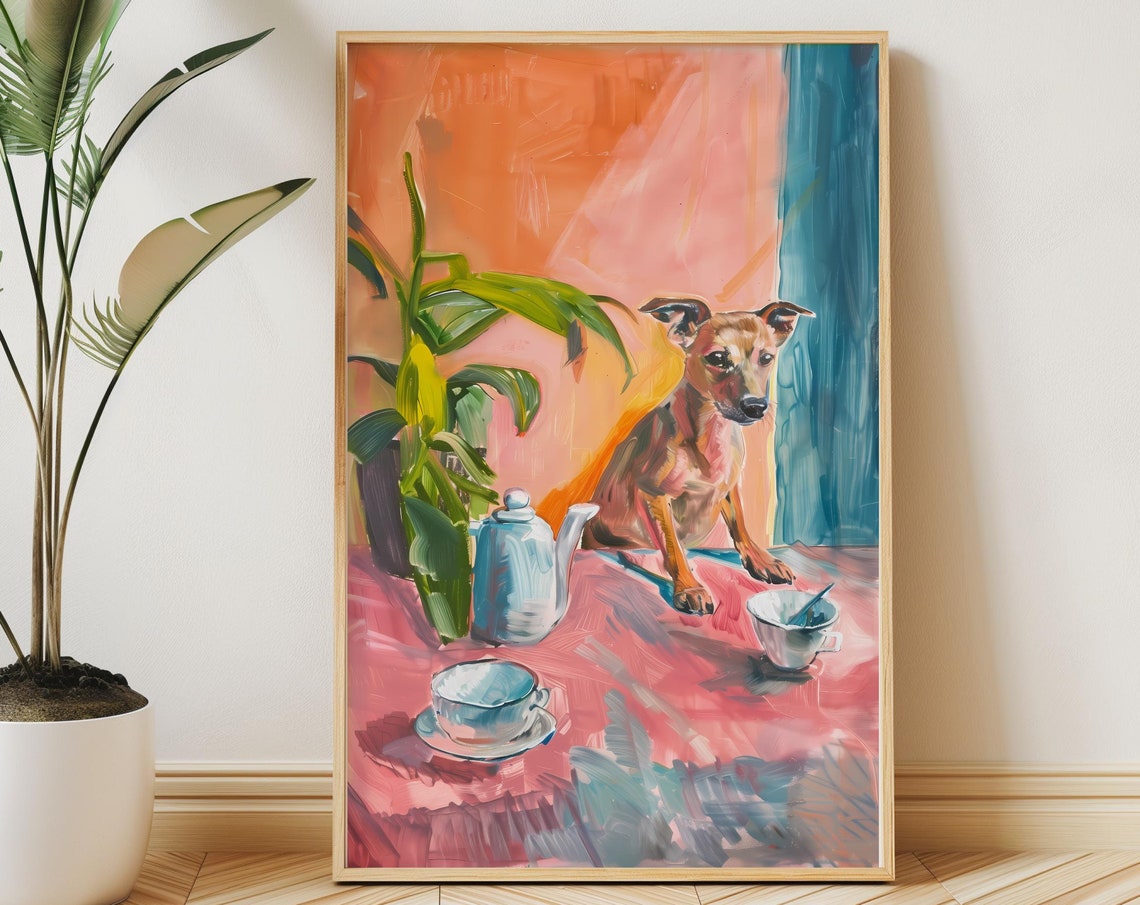 Brown Dog with Teapot Painterly Pink and Blue Kitchen Art Poster