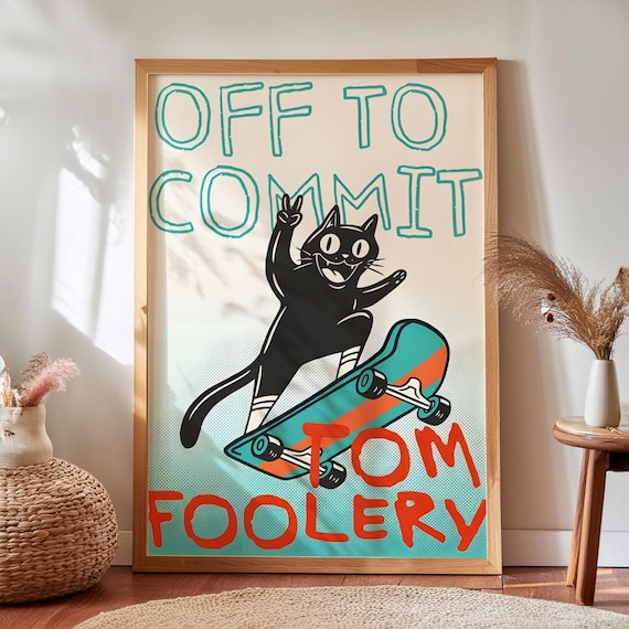 Funny Black Cat Skateboard Print Silly Art Digital Download
