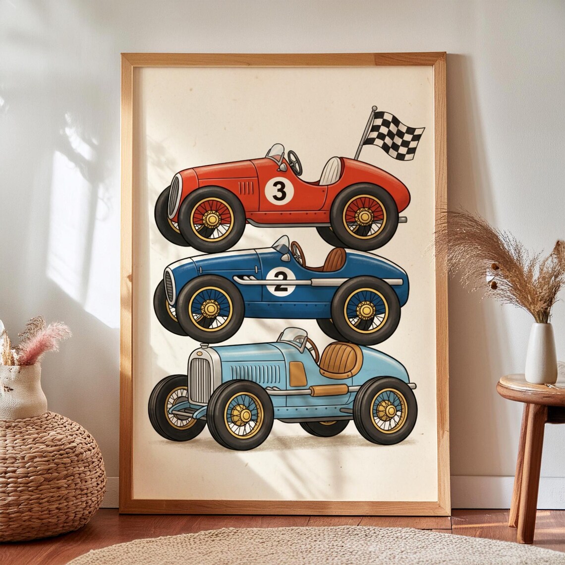 Retro Racing Cars Print Trio, Whimsical Race Car Art Print