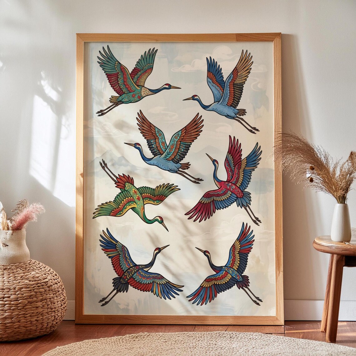 Colorful Birds In Flight, Mid-Century Modern Art Print