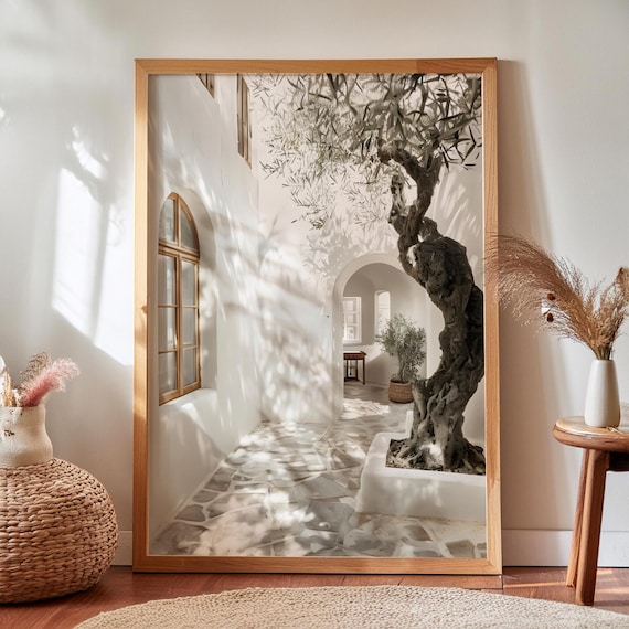 Olive Tree Mediterranean Courtyard Print Greek Island White Patio Decor