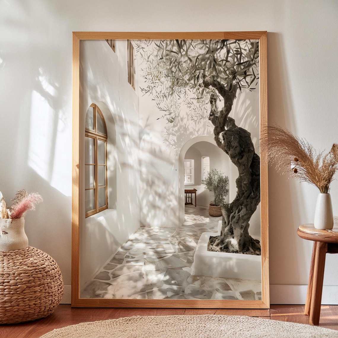 Olive Tree Mediterranean Courtyard Print Greek Island White Patio Decor