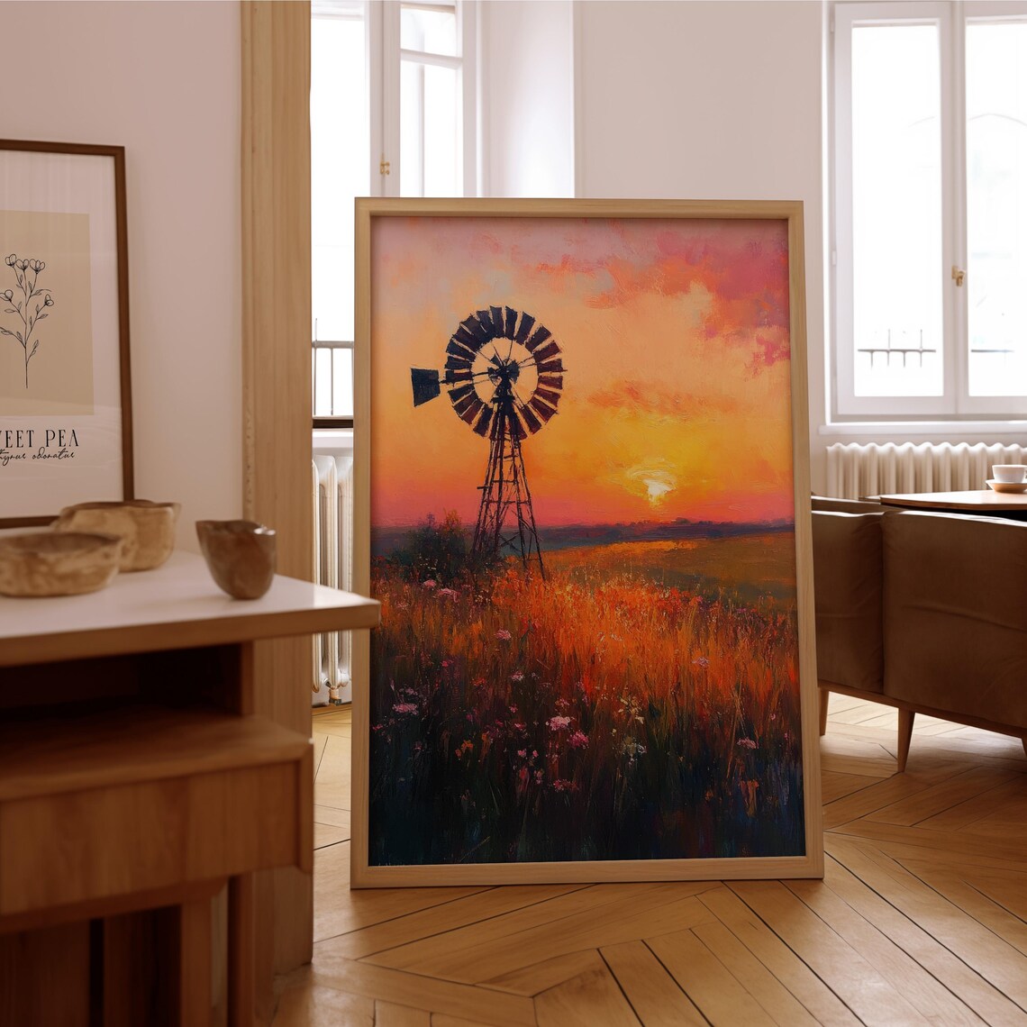 Windmill Sunset Field Impressionist Rustic Landscape Oil Painting Wall Art