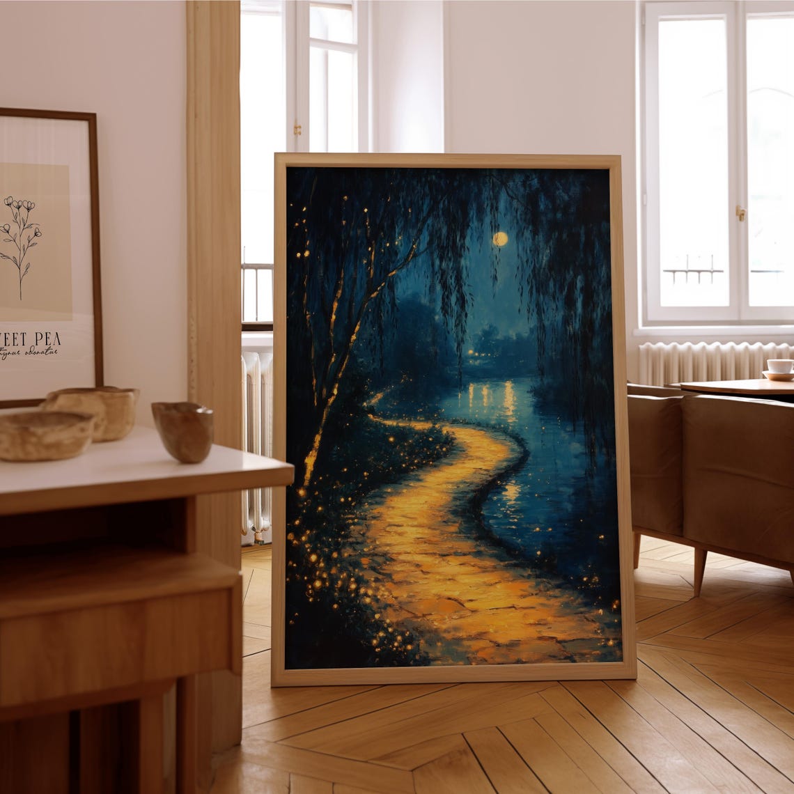 Golden Path Moonlit Forest Night Walkway Impressionist Art Poster