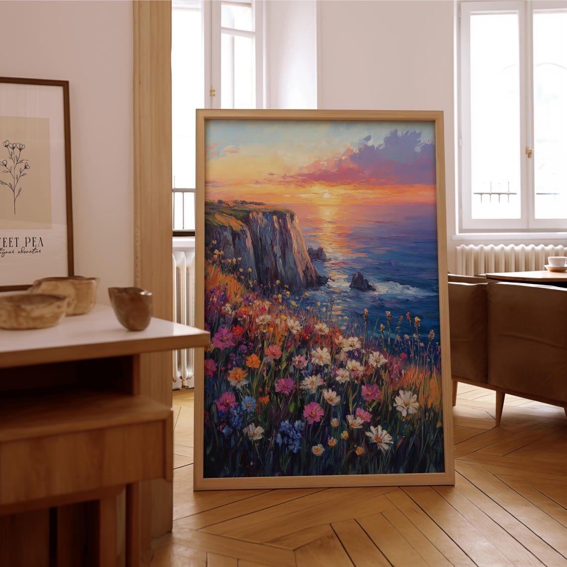 Coastal Cliff Sunset Wildflowers Impressionist Oil Painting Print