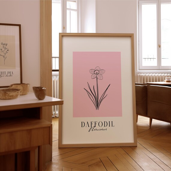 Daffodil Botanical Line Art Minimalist Pink Flower Wall Print
