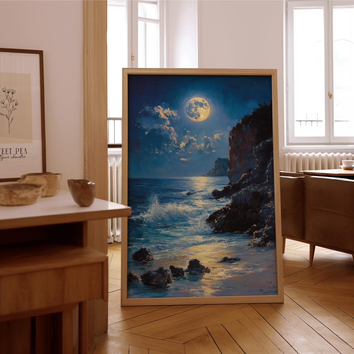 Full Moon Over Rocky Coast Moonlit Seascape Oil Painting Print