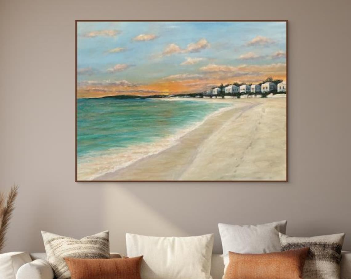 Seaside Beach Sunset White Houses Turquoise Water Shoreline Poster - Image 3