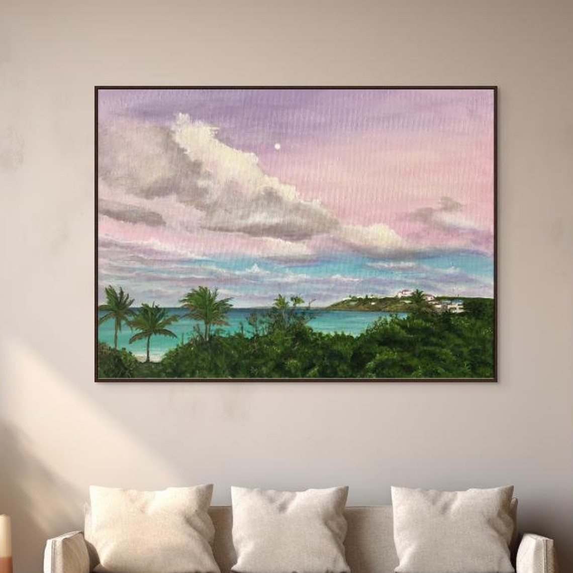 Tropical Palm Beach Island Coastline Turquoise Sea Moonrise Poster