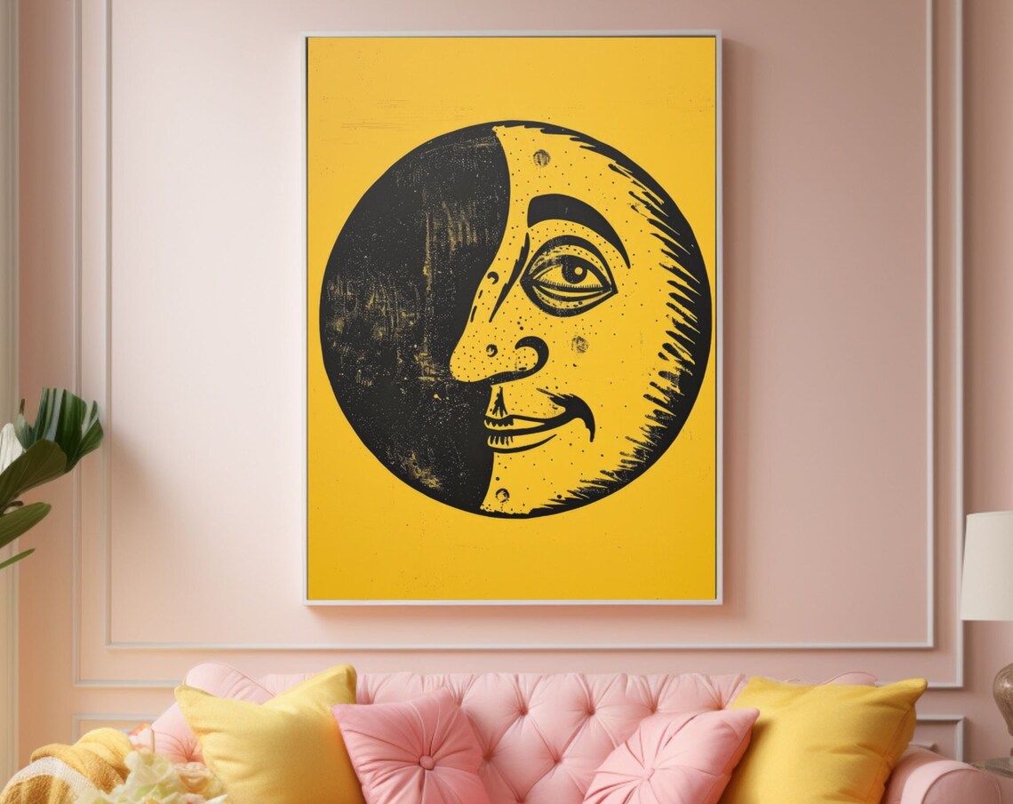Moon Wall Art, Yellow Illustration Moon Face