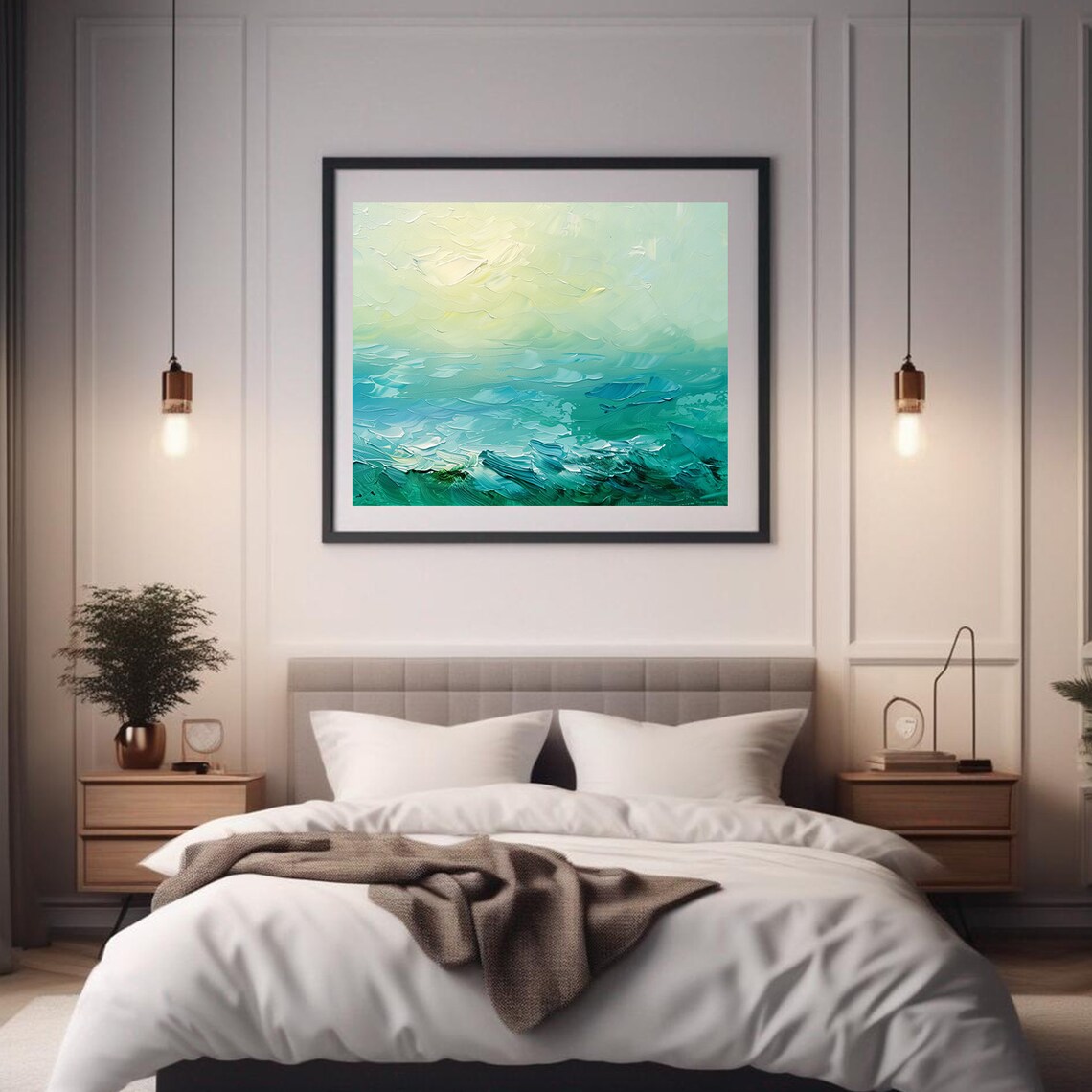 Green Sea Abstract Painting Teal Waves Misty Horizon Calm Art Poster - Image 2