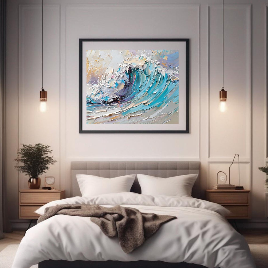 Turquoise Ocean Wave Curl Impasto Dramatic Seascape Painting Wall Art - Image 2
