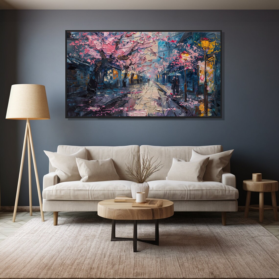 Cherry Blossom Street Rainy Night Pink Petals City Painting Wall Art - Image 4