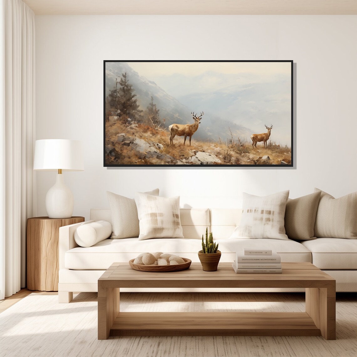 Vintage Foggy Mountain Deer Stags Wildlife Oil Painting Wall Art Print - Image 4
