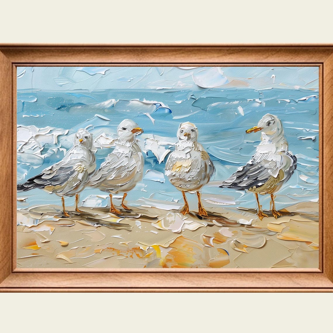Four Seagulls on Beach Shore Cute Seabird Oil Painting Poster