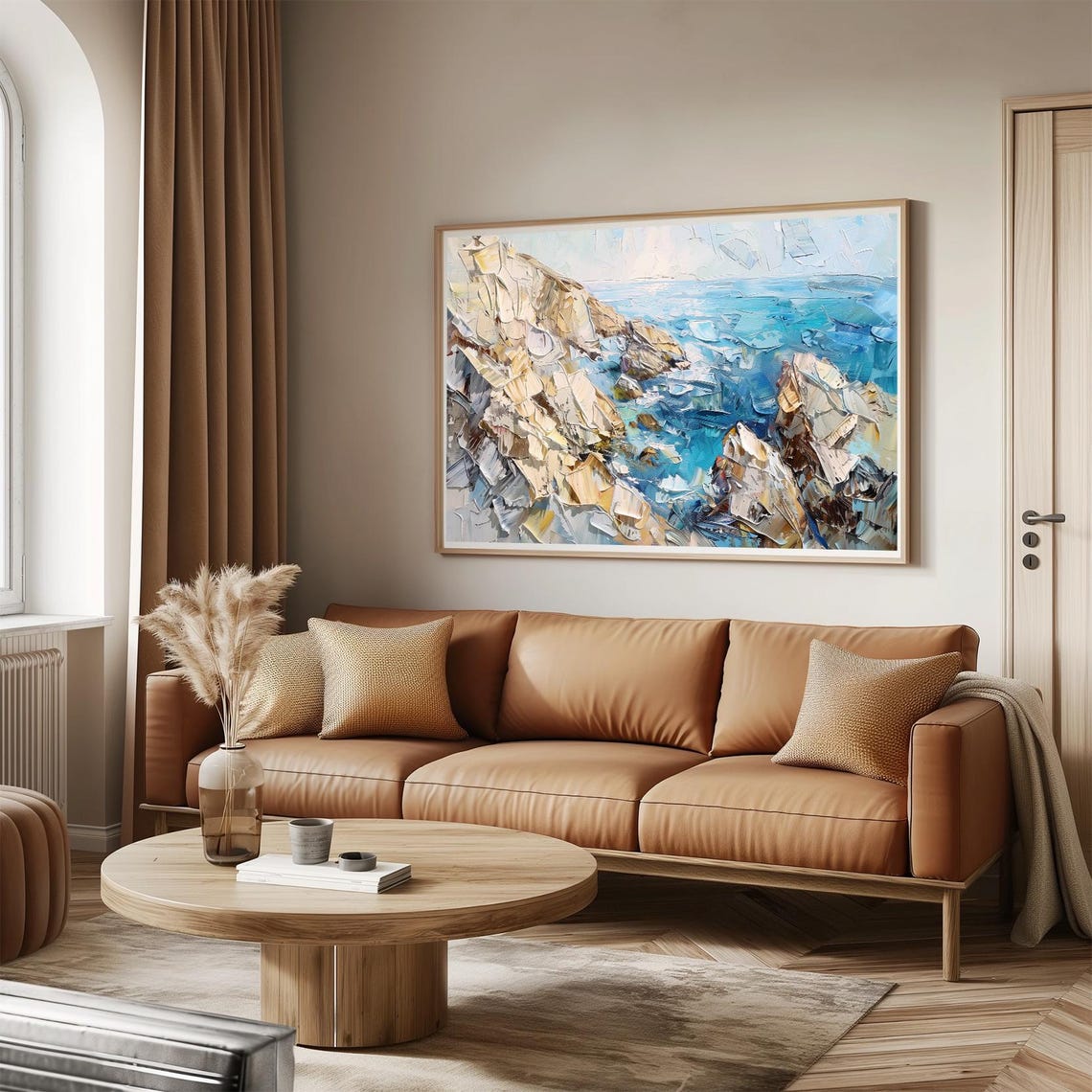 Rocky Ocean Shoreline Turquoise Waves Coastal Cliff Painting Poster - Image 3
