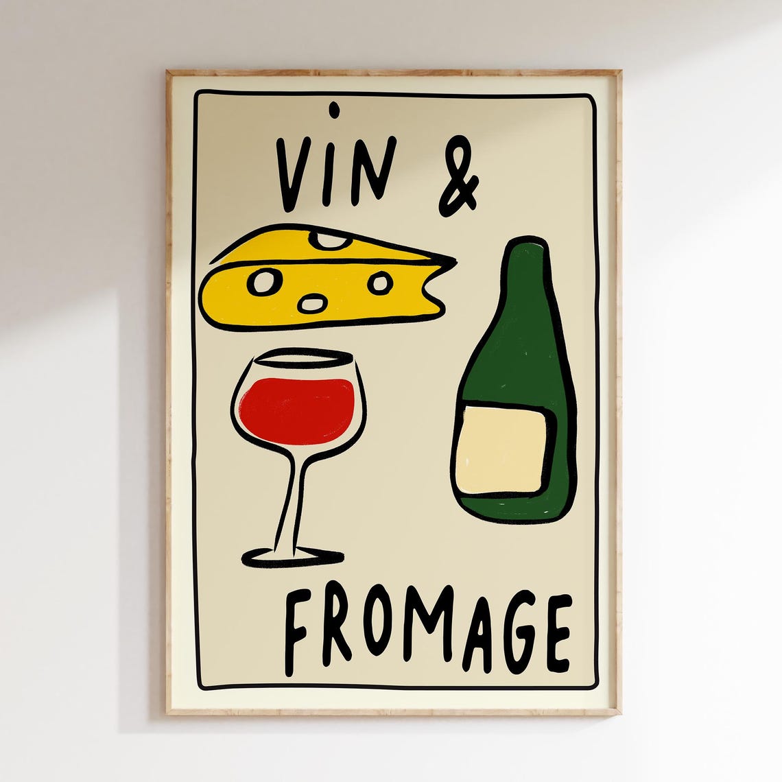 Vin And Fromage Hand Drawn Wine Bottle Cheese French Kitchen Poster