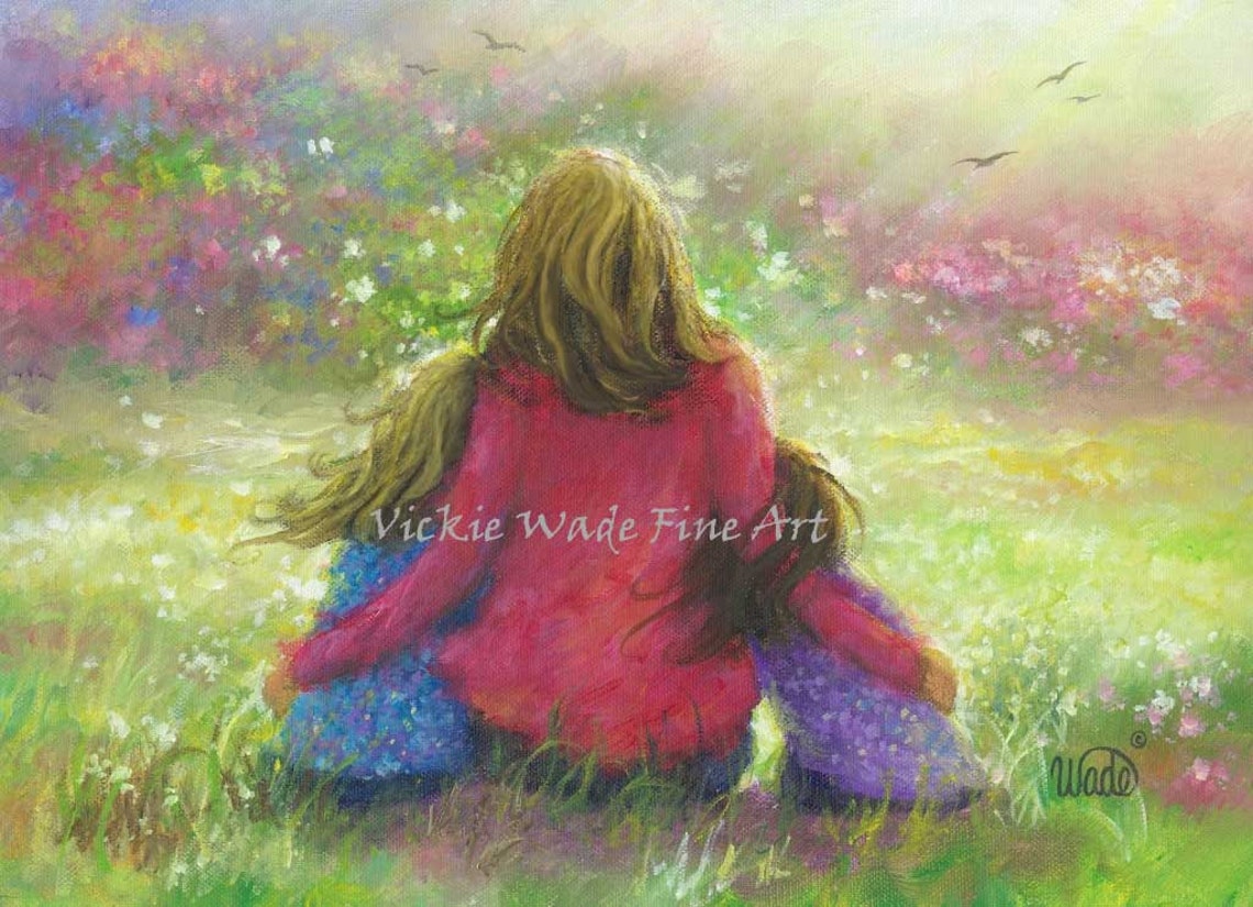 Mother and Two Daughters Sitting in a Blooming Meadow Poster