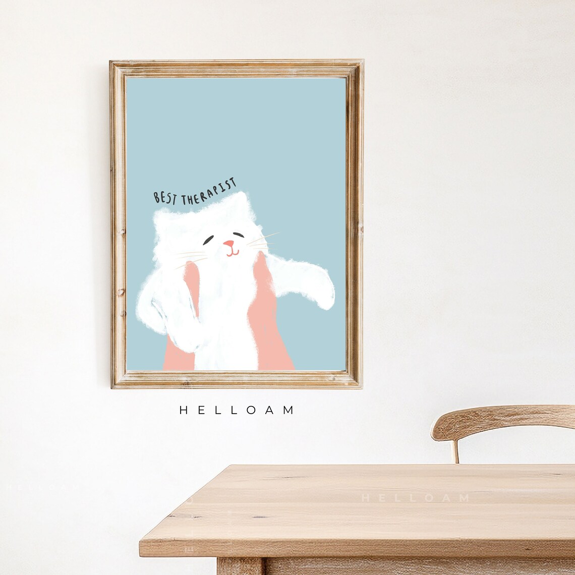 Best Therapist Cat Funny White Cat Held in Hands Beige Therapy Wall Art - Image 3