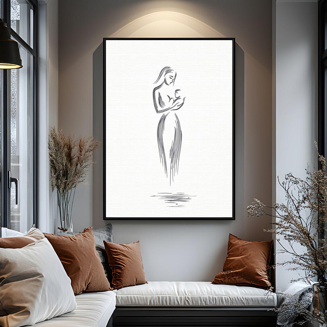 Minimalist Mother Baby Single Line Drawing Elegant Nursery Keepsake Poster