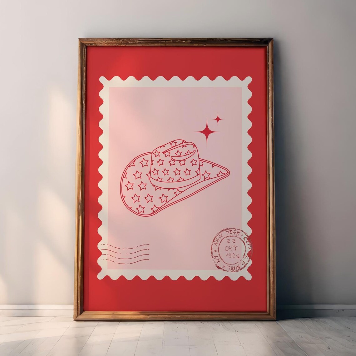 Pink Cowgirl Hat Stars Postage Stamp Trendy Western Wall Art Poster