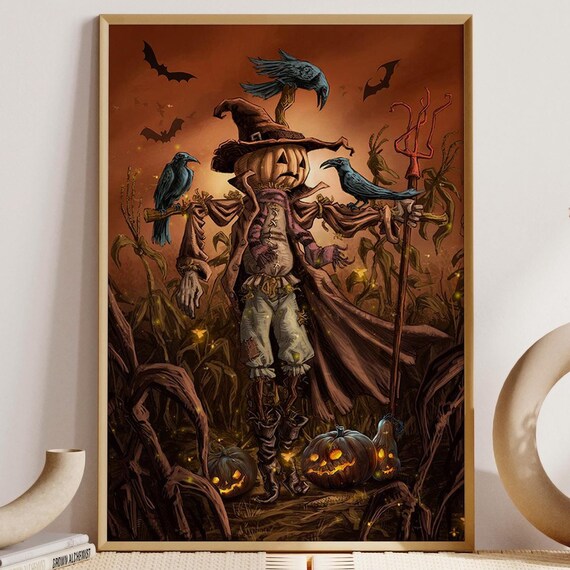 Pumpkin Head Scarecrow With Crows In Dark Cornfield Halloween Poster