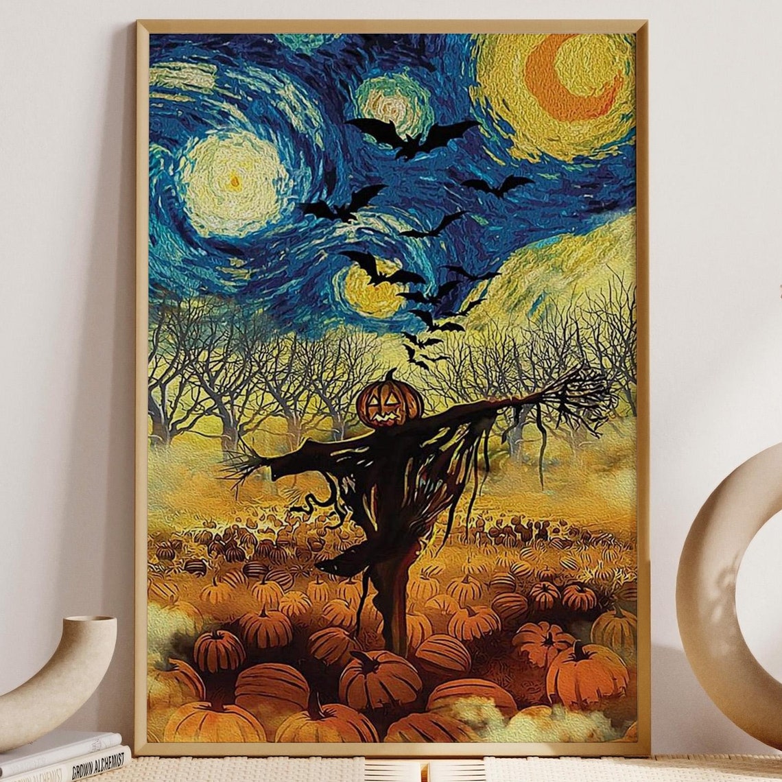 Starry Night Style Halloween Scarecrow Pumpkin Patch Wall Art
