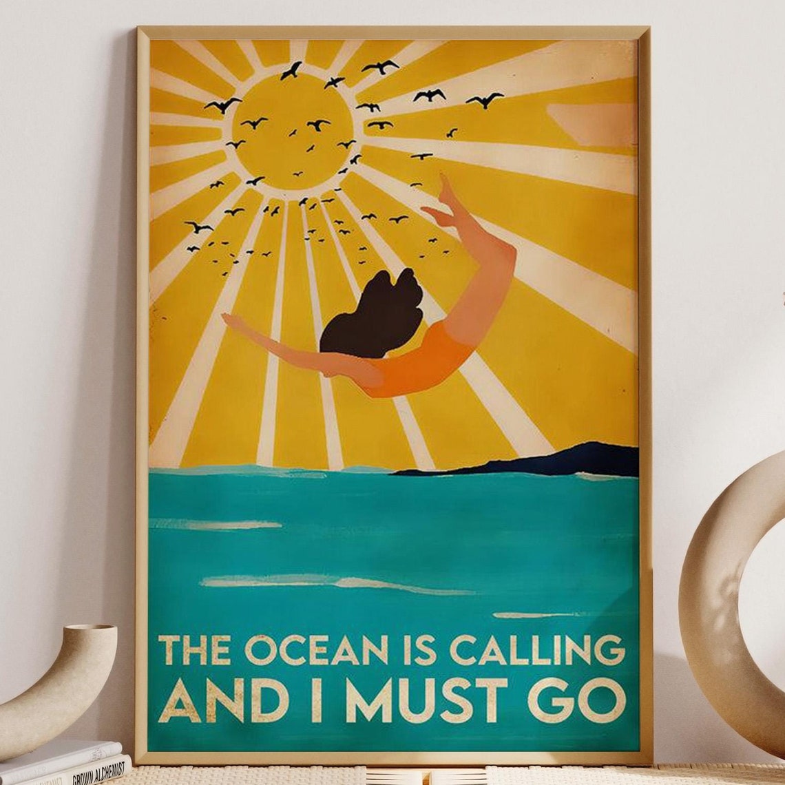 The Ocean Is Calling And I Must Go Vintage Diver Sunset Poster