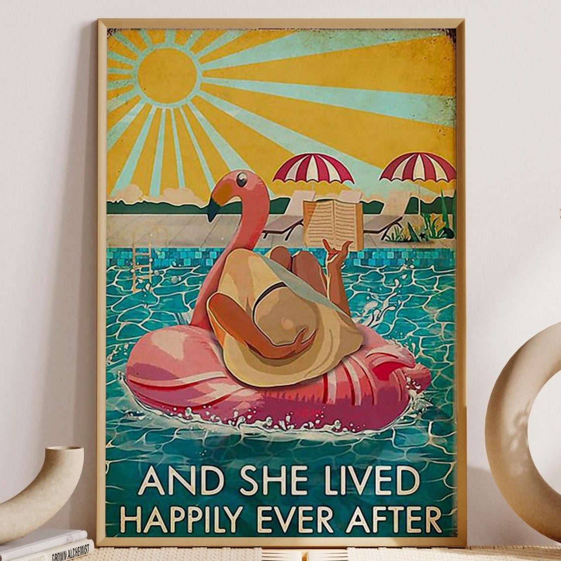 Swimming Girl Flamingo Art Print And She Lived Happily Ever After Poster Vintage Swimming Girl Wall Art Swimming Wall Decoration