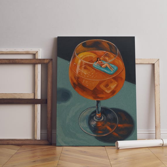 Aperol Spritz Glass Tiny Floating Woman Retro Cocktail Art Poster