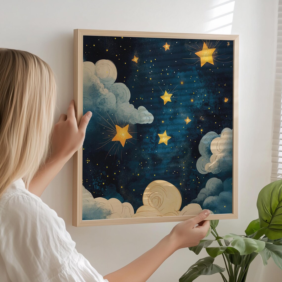 Magical Gold Stars Night Sky Whimsical Clouds Nursery Poster
