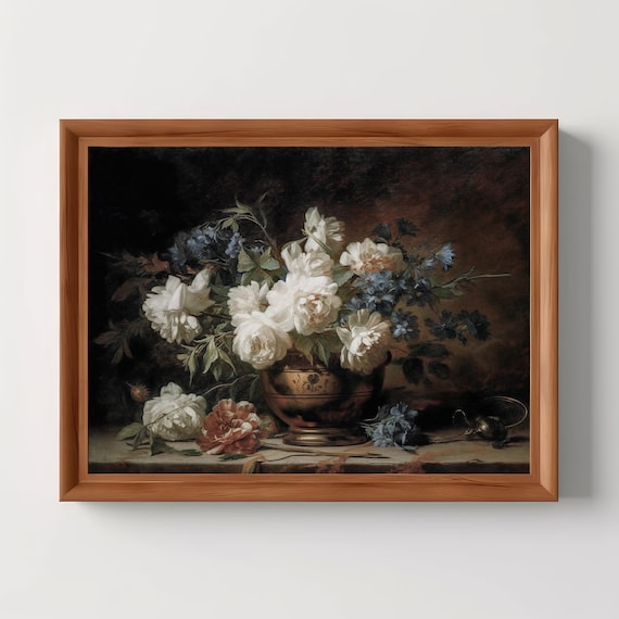 White Peony and Iris Still Life Moody Dark Botanical Wall Art