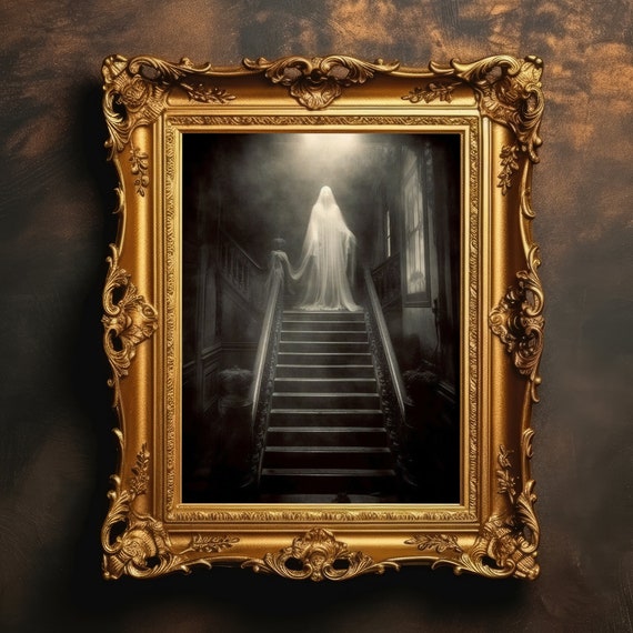Phantom On Stairs Dark Horror Decor Vintage Spooky Wall Art Creepy Haunted House Gothic Print