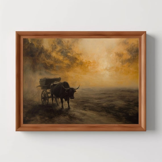 Lone Oxen Country Road Atmospheric Clouds Vintage Ethereal Painting Dark Academia Moody Wall Art Antique