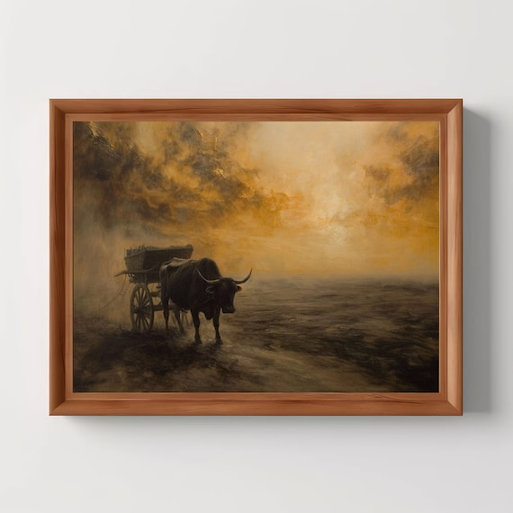 Oxen Cart At Sunset Vintage Farm Landscape Oil Painting Poster