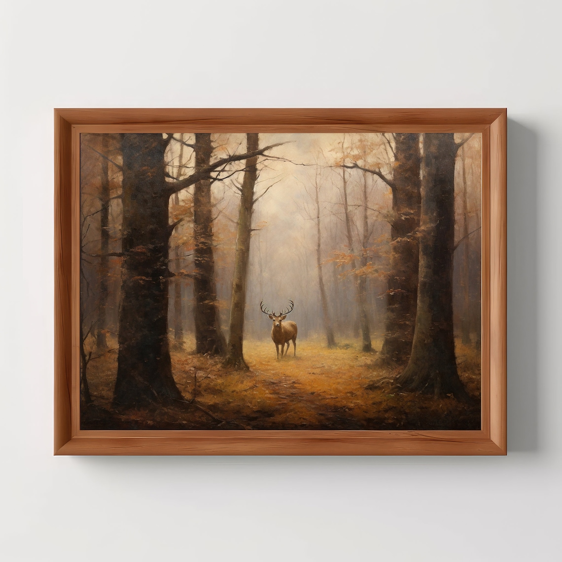 Stag In The Woods Vintage Oil Print, Fall Forest
