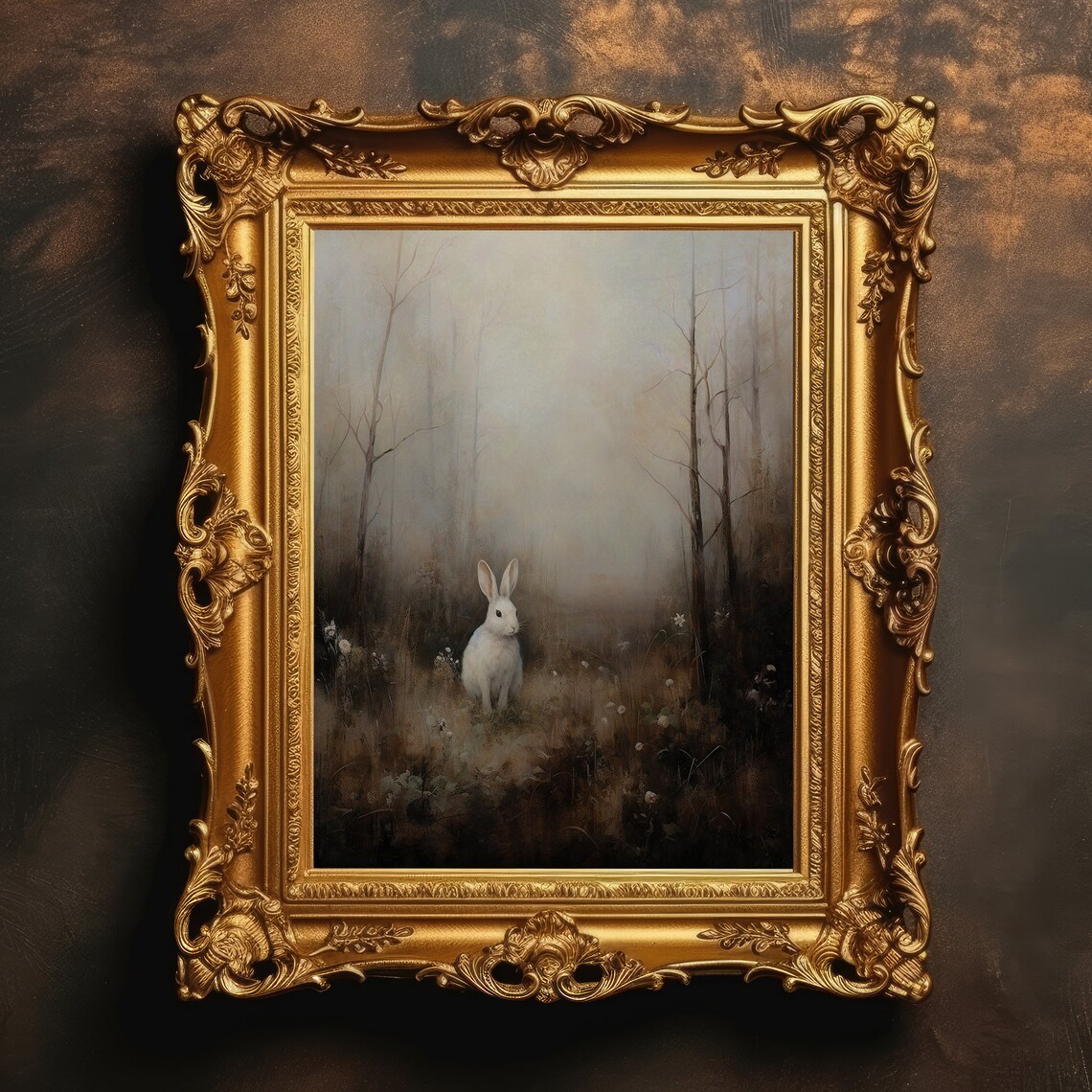 Vintage White Bunny Forest Landscape Art Print