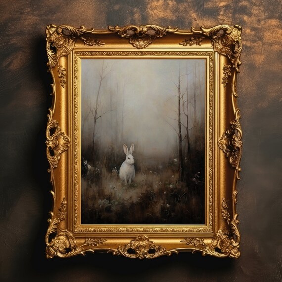Vintage White Bunny Forest Landscape Art Print