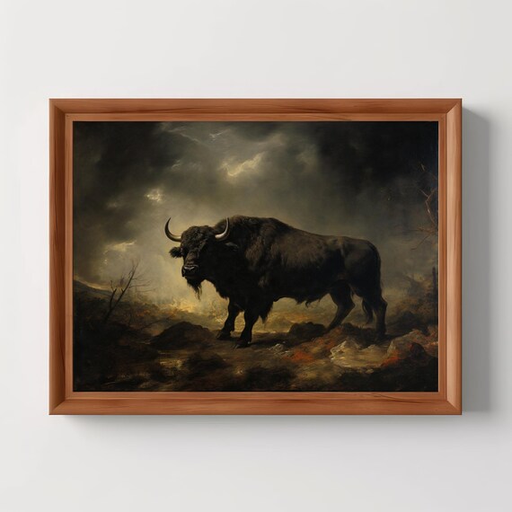 Bison Dark Vintage Oil Painting Classical Realism Art Animal Print Wild Nature Country Landscape Decor