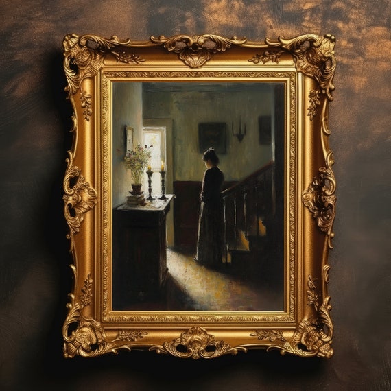 Woman Portrait Stairway Landscape Moody Painting Vintage Antique Oil