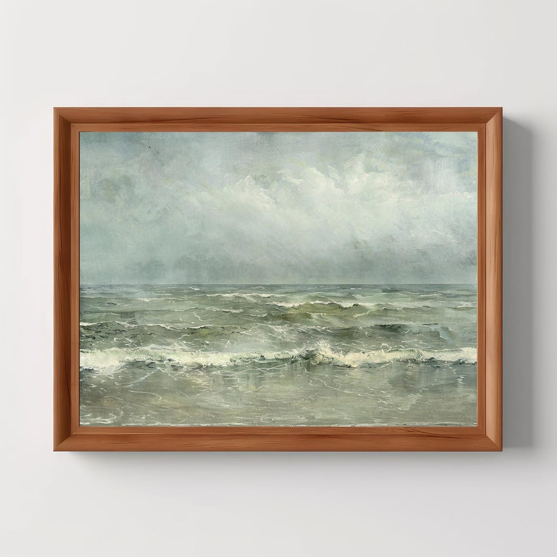 Muted Gray Ocean Waves Antique Seascape Oil Painting Wall Print