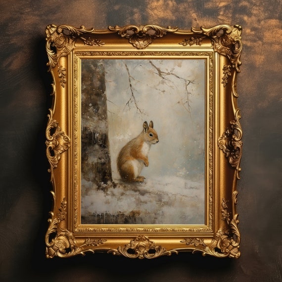 Squirrel Winter Snow Landscape Perched Tree Dark Academia Moody Wall Art Vintage Oil Painting
