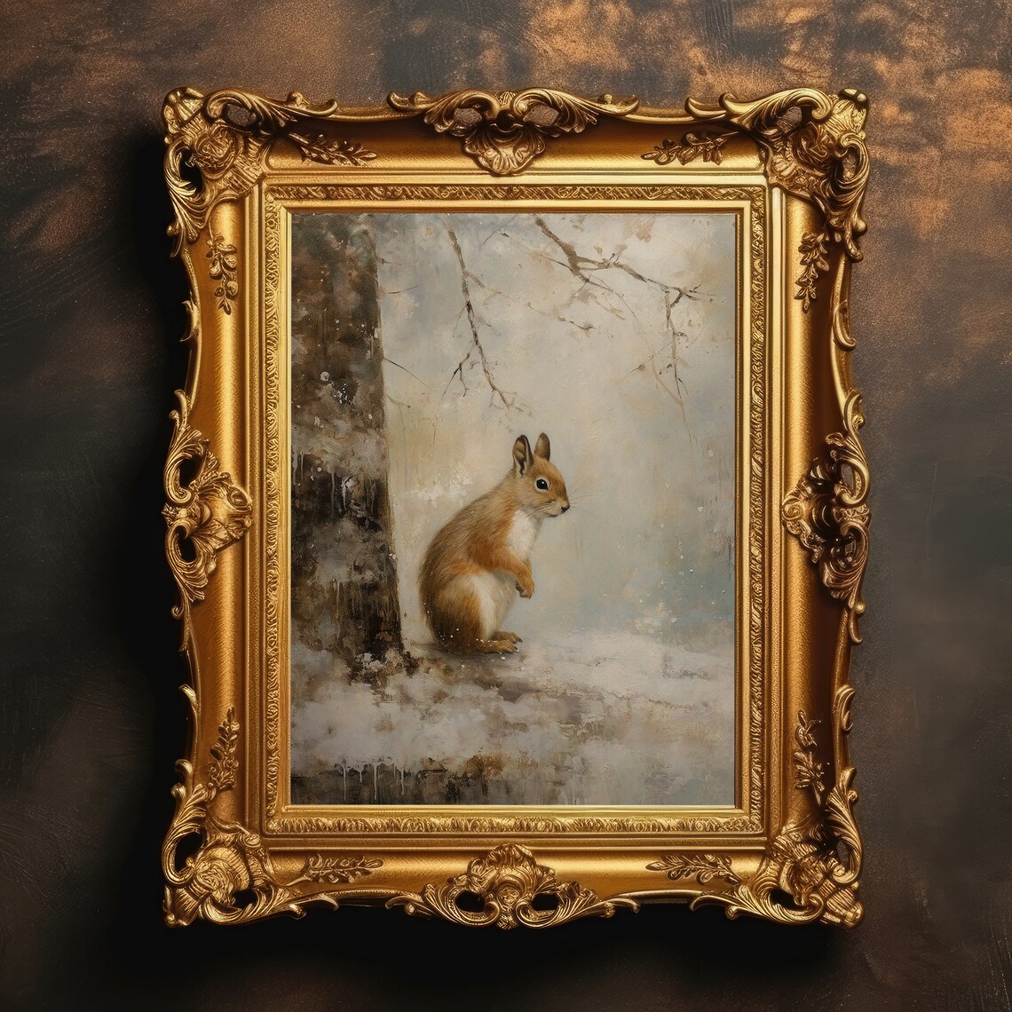 Red Squirrel In Snowy Winter Landscape Vintage Oil Painting Print