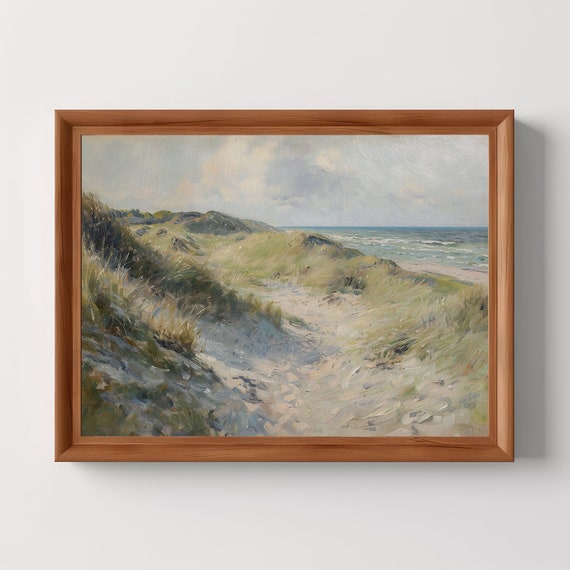 Coastal Beach Vintage Seaside Landscape Antique Oil Painting Muted Green Wall Art Moody Room Decor